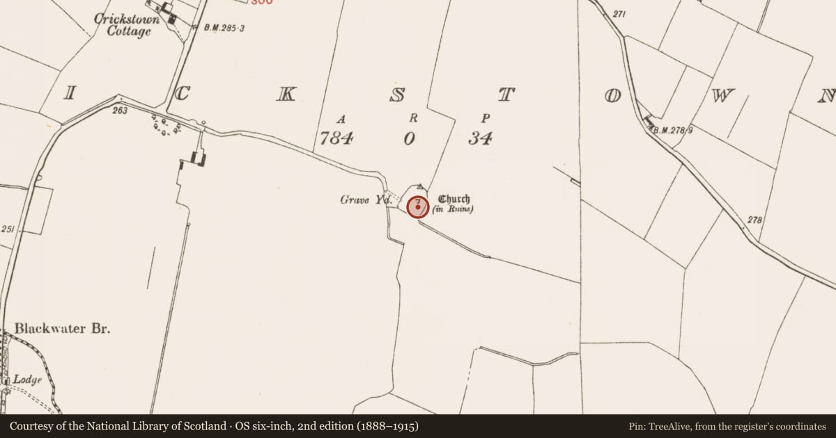 Ordnance Survey six-inch map, 2nd edition (1888–1915) covering the location of Graveslab, Crickstown, County Meath, with a pin at the register's coordinates