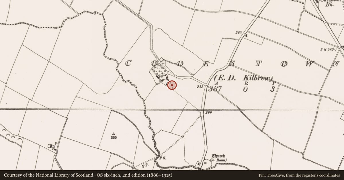 Ordnance Survey six-inch map, 2nd edition (1888–1915) covering the location of Ringfort - rath, Cookstown (Ratoath By., Cookstown Par.), County Meath, with a pin at the register's coordinates