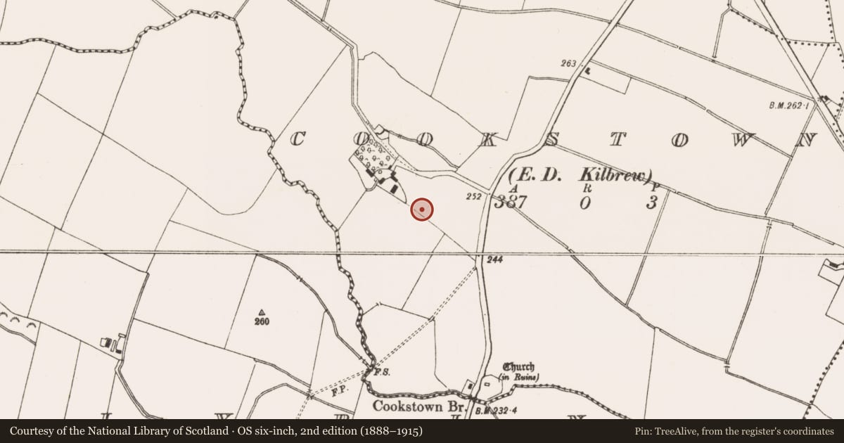 Ordnance Survey six-inch map, 2nd edition (1888–1915) covering the location of Burial, Cookstown (Ratoath By., Cookstown Par.), County Meath, with a pin at the register's coordinates
