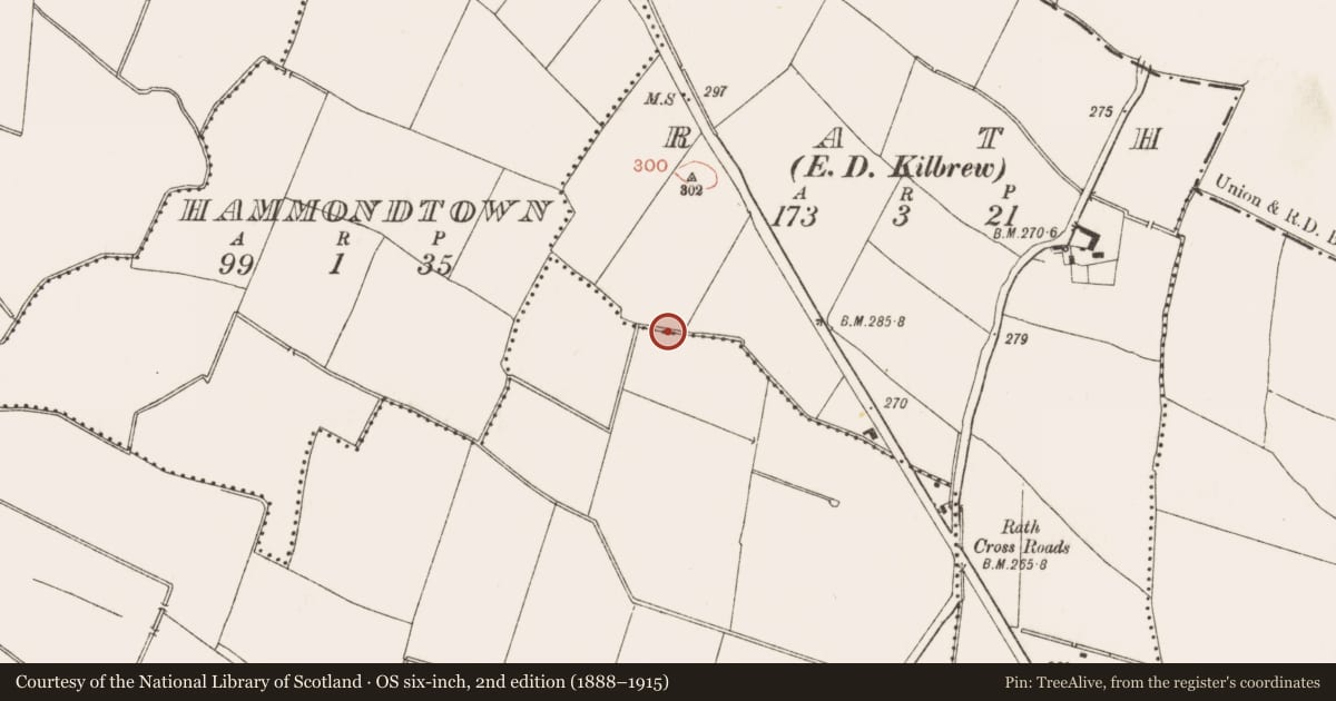 Ordnance Survey six-inch map, 2nd edition (1888–1915) covering the location of Structure, Rath (Ratoath By., Cookstown Par.), County Meath, with a pin at the register's coordinates