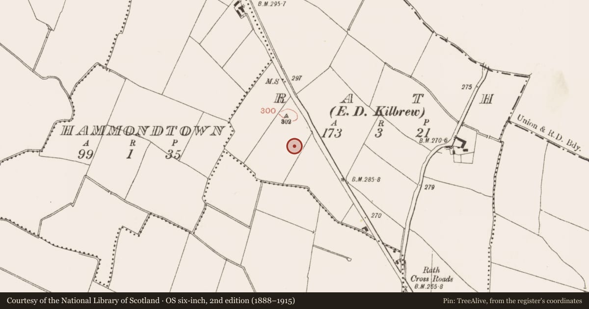 Ordnance Survey six-inch map, 2nd edition (1888–1915) covering the location of Kiln, Rath (Ratoath By., Cookstown Par.), County Meath, with a pin at the register's coordinates