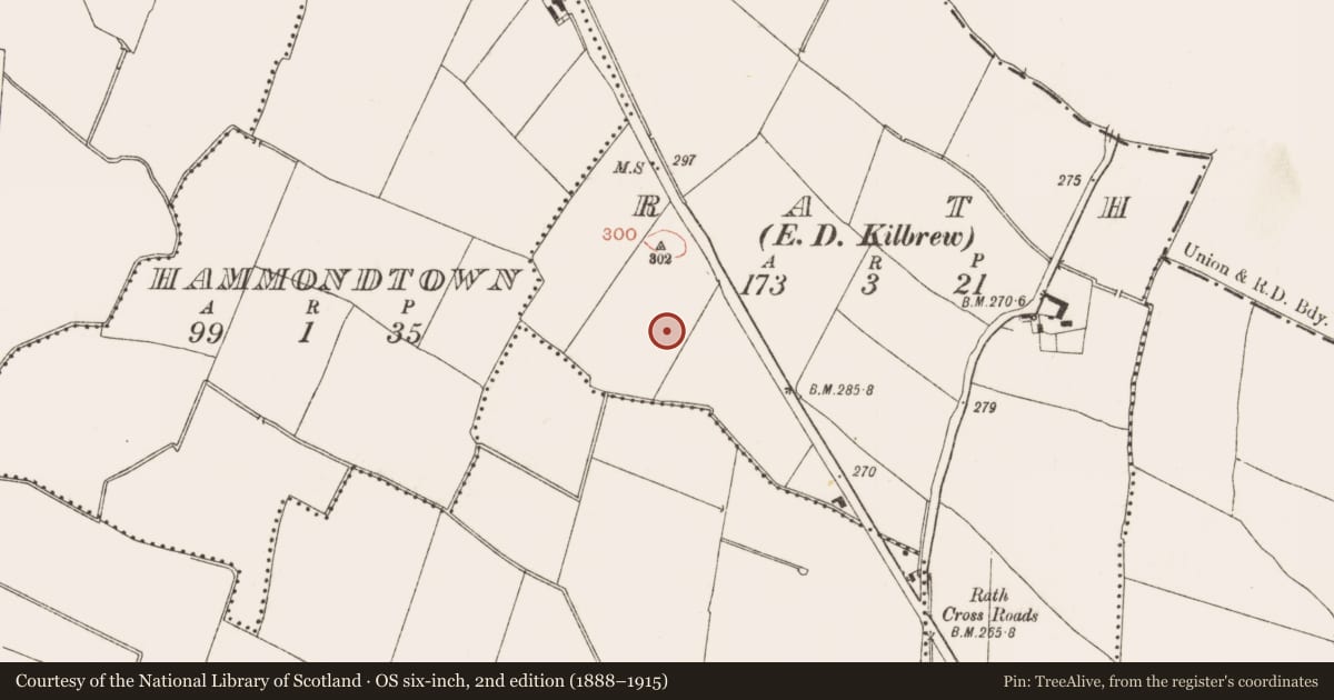 Ordnance Survey six-inch map, 2nd edition (1888–1915) covering the location of Field system, Rath (Ratoath By., Cookstown Par.), County Meath, with a pin at the register's coordinates