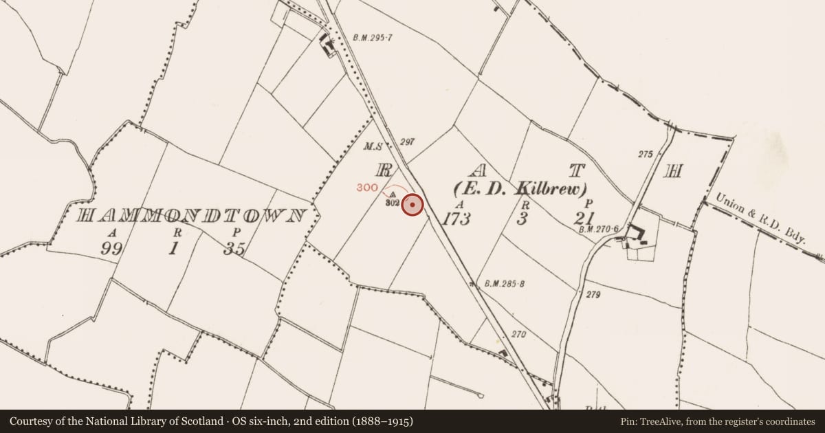 Ordnance Survey six-inch map, 2nd edition (1888–1915) covering the location of Barrow - ditch barrow, Rath (Ratoath By., Cookstown Par.), County Meath, with a pin at the register's coordinates