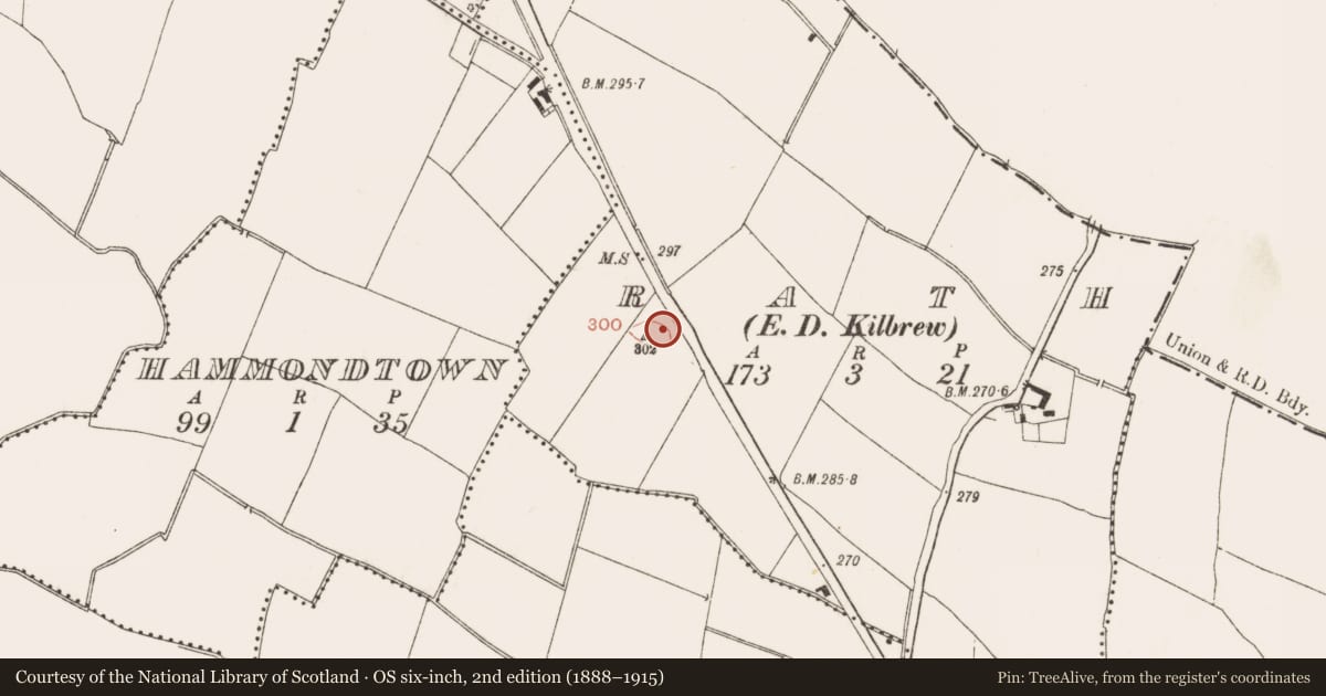 Ordnance Survey six-inch map, 2nd edition (1888–1915) covering the location of Barrow - ditch barrow, Rath (Ratoath By., Cookstown Par.), County Meath, with a pin at the register's coordinates