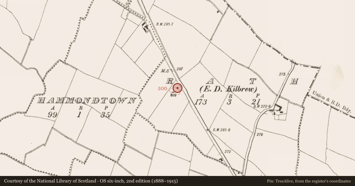 Ordnance Survey six-inch map, 2nd edition (1888–1915) covering the location of Barrow - ditch barrow, Rath (Ratoath By., Cookstown Par.), County Meath, with a pin at the register's coordinates