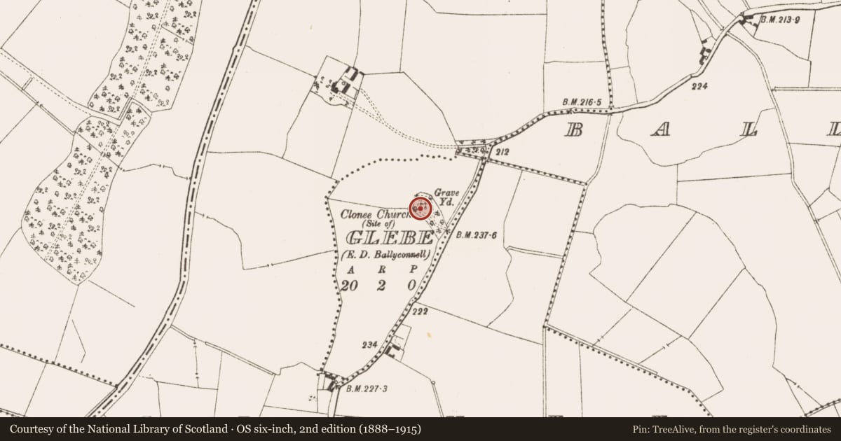 Ordnance Survey six-inch map, 2nd edition (1888–1915) covering the location of Church, Glebe, County Meath, with a pin at the register's coordinates
