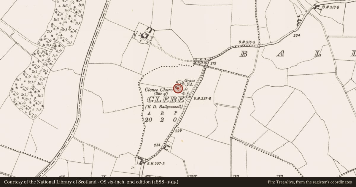 Ordnance Survey six-inch map, 2nd edition (1888–1915) covering the location of Graveyard, Glebe, County Meath, with a pin at the register's coordinates