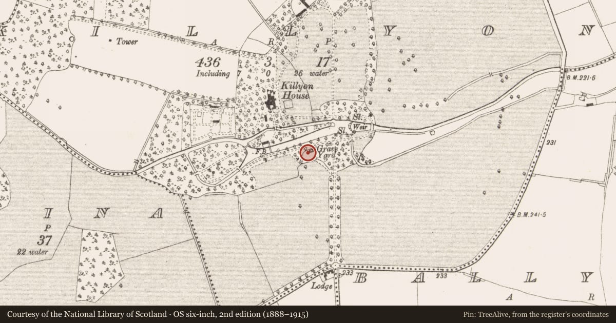 Ordnance Survey six-inch map, 2nd edition (1888–1915) covering the location of Church, Killyon, County Meath, with a pin at the register's coordinates