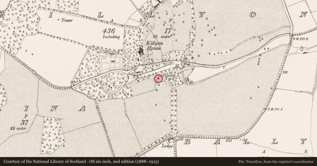 Ordnance Survey six-inch map, 2nd edition (1888–1915) covering the location of Graveyard, Killyon, County Meath, with a pin at the register's coordinates