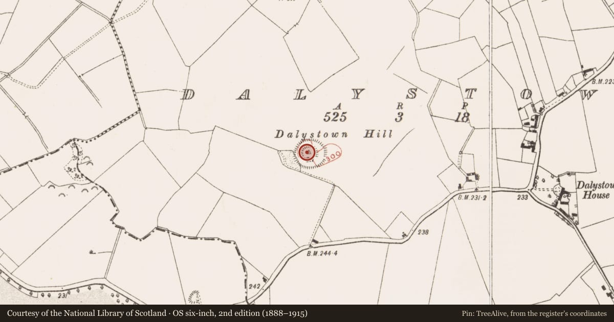 Ordnance Survey six-inch map, 2nd edition (1888–1915) covering the location of Concentric enclosure, Dalystown, County Meath, with a pin at the register's coordinates
