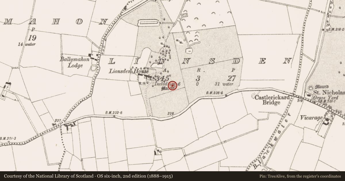 Ordnance Survey six-inch map, 2nd edition (1888–1915) covering the location of Barrow - mound barrow, Lionsden, County Meath, with a pin at the register's coordinates