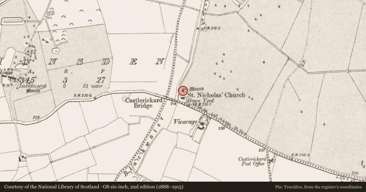 Ordnance Survey six-inch map, 2nd edition (1888–1915) covering the location of Castle - motte, Castlerickard, County Meath, with a pin at the register's coordinates