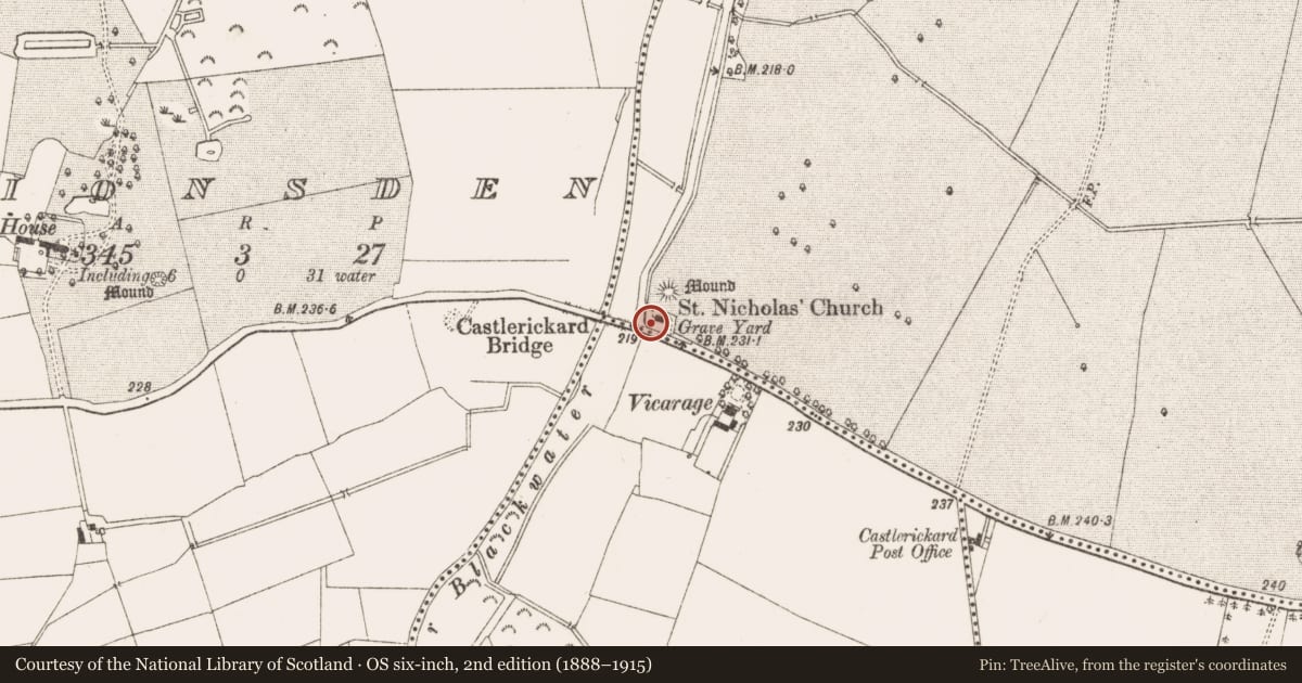 Ordnance Survey six-inch map, 2nd edition (1888–1915) covering the location of Church, Castlerickard, County Meath, with a pin at the register's coordinates