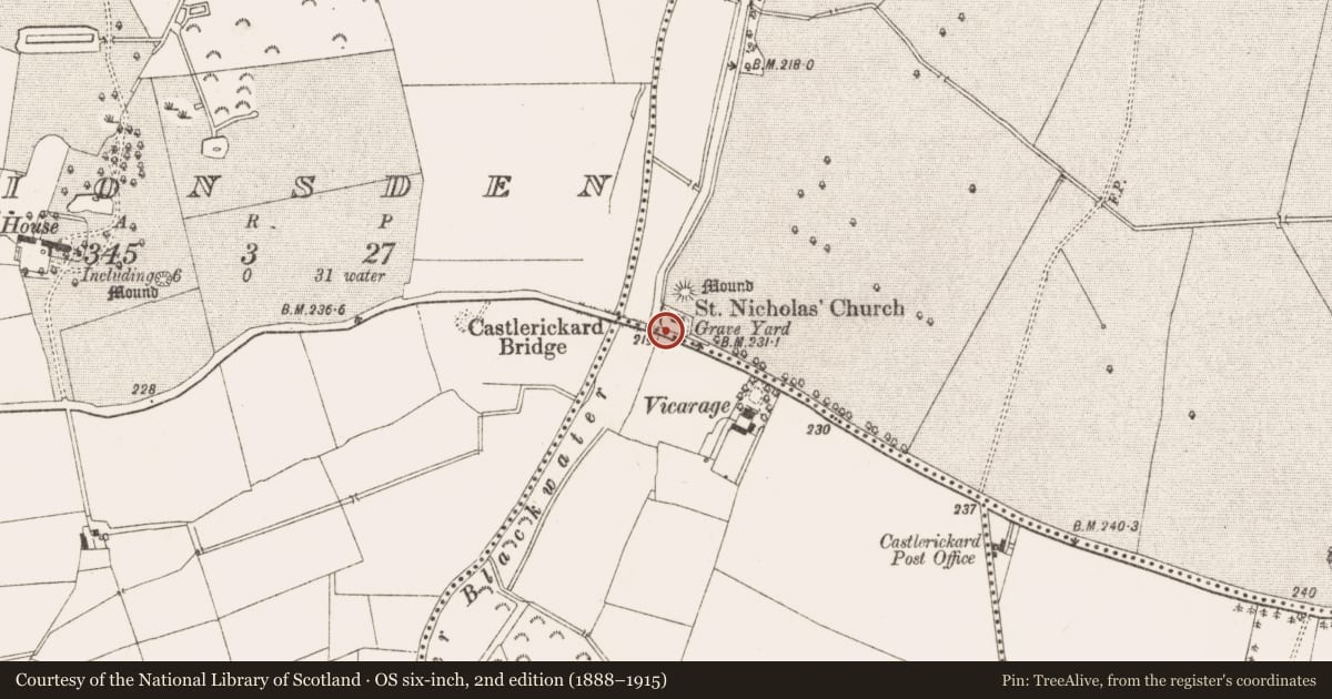 Ordnance Survey six-inch map, 2nd edition (1888–1915) covering the location of Graveyard, Castlerickard, County Meath, with a pin at the register's coordinates