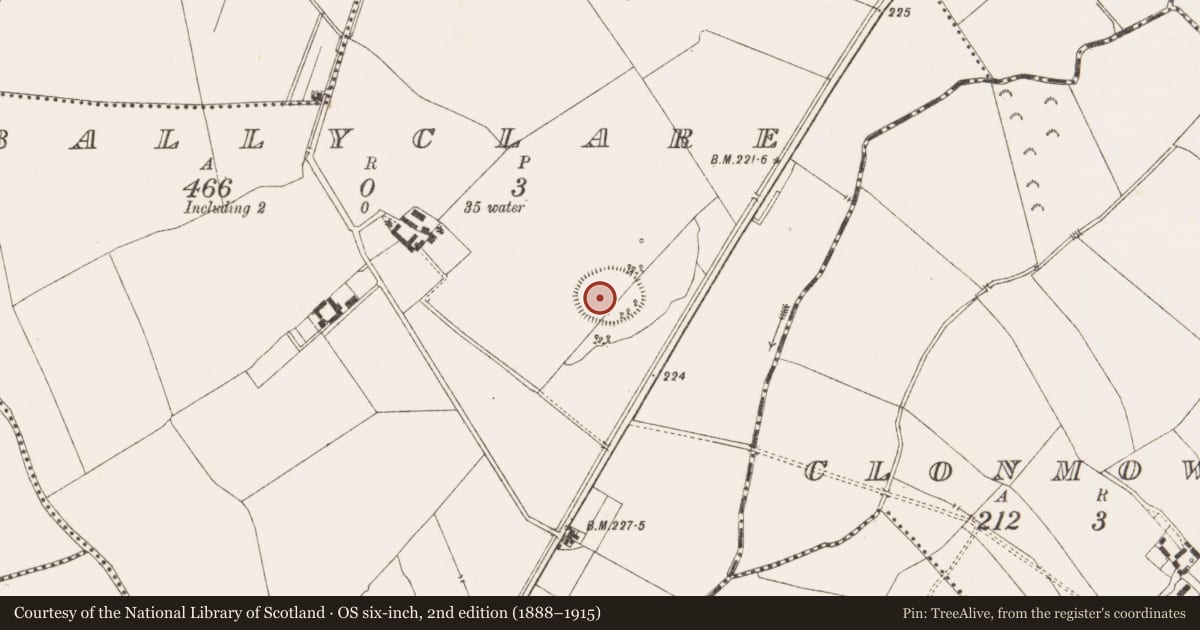 Ordnance Survey six-inch map, 2nd edition (1888–1915) covering the location of Enclosure - large enclosure, Ballyclare, County Meath, with a pin at the register's coordinates