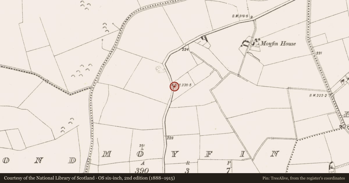 Ordnance Survey six-inch map, 2nd edition (1888–1915) covering the location of Burial ground, Moyfin, County Meath, with a pin at the register's coordinates
