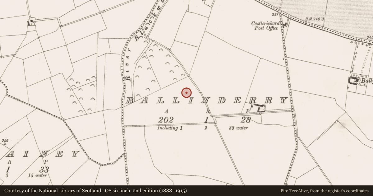 Ordnance Survey six-inch map, 2nd edition (1888–1915) covering the location of Enclosure - large enclosure, Ballinderry, County Meath, with a pin at the register's coordinates