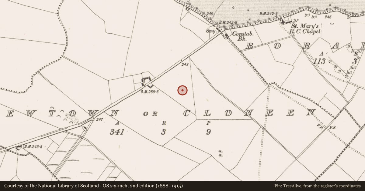 Ordnance Survey six-inch map, 2nd edition (1888–1915) covering the location of Enclosure, Newtown Or Cloneen, County Meath, with a pin at the register's coordinates