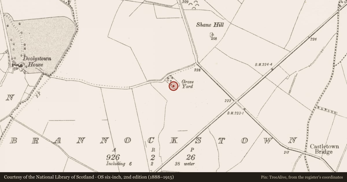 Ordnance Survey six-inch map, 2nd edition (1888–1915) covering the location of Graveyard, Brannockstown, County Meath, with a pin at the register's coordinates