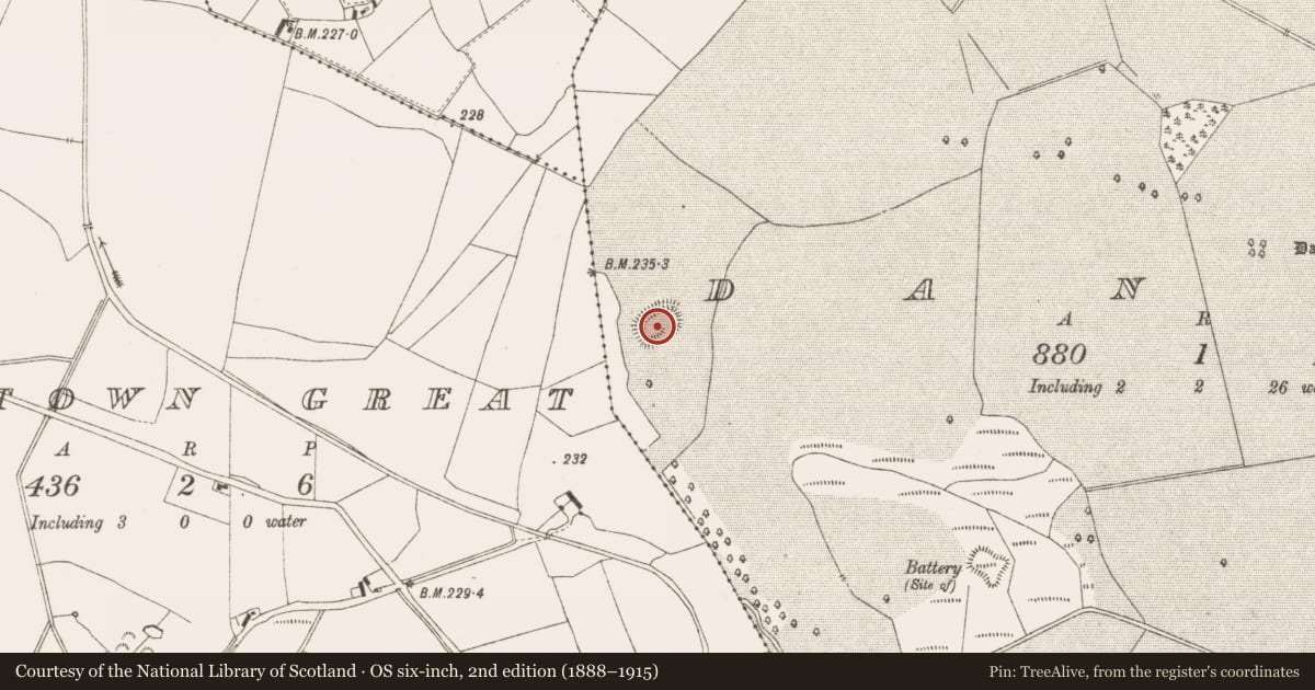 Ordnance Survey six-inch map, 2nd edition (1888–1915) covering the location of Concentric enclosure, Dangan, County Meath, with a pin at the register's coordinates