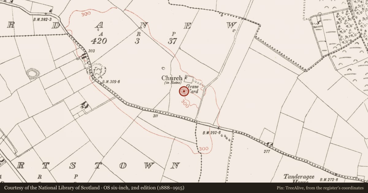 Ordnance Survey six-inch map, 2nd edition (1888–1915) covering the location of Field system, Ardanew, County Meath, with a pin at the register's coordinates