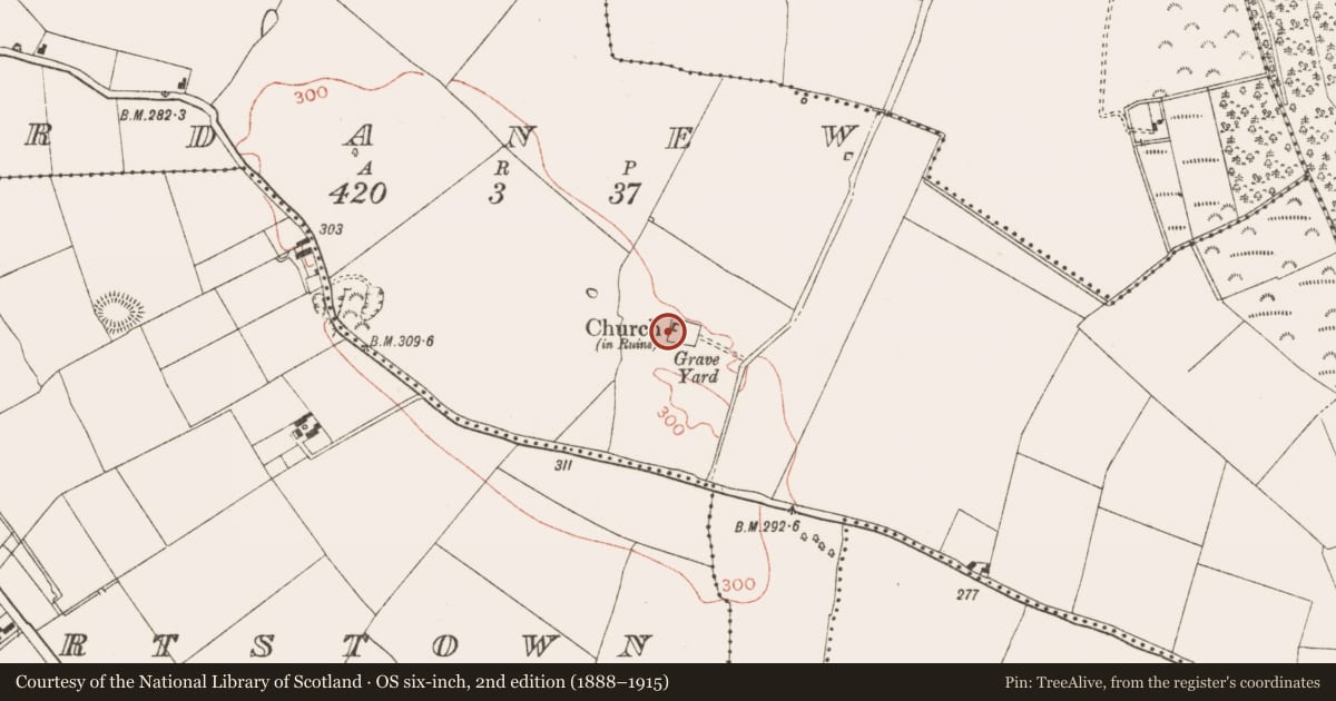 Ordnance Survey six-inch map, 2nd edition (1888–1915) covering the location of Church, Ardanew, County Meath, with a pin at the register's coordinates