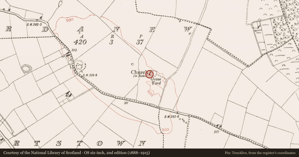 Ordnance Survey six-inch map, 2nd edition (1888–1915) covering the location of Graveyard, Ardanew, County Meath, with a pin at the register's coordinates