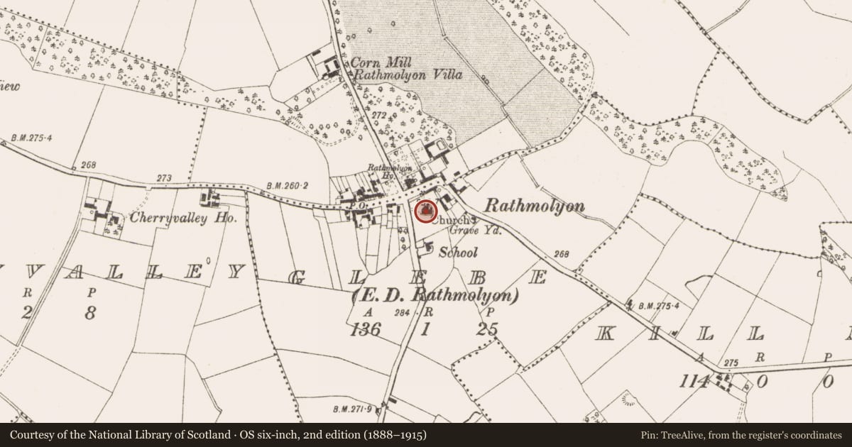 Ordnance Survey six-inch map, 2nd edition (1888–1915) covering the location of Church, Rathmolyon, County Meath, with a pin at the register's coordinates