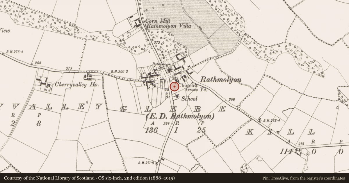 Ordnance Survey six-inch map, 2nd edition (1888–1915) covering the location of Graveyard, Rathmolyon, County Meath, with a pin at the register's coordinates