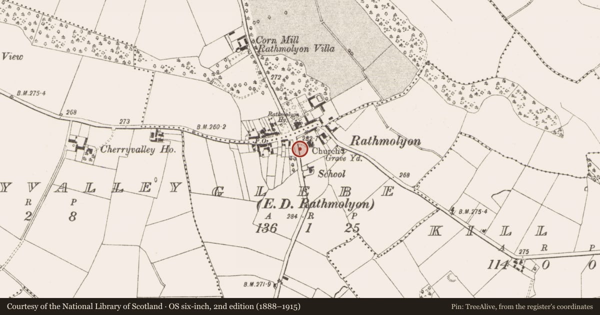 Ordnance Survey six-inch map, 2nd edition (1888–1915) covering the location of Ringfort - rath, Rathmore, County Meath, with a pin at the register's coordinates