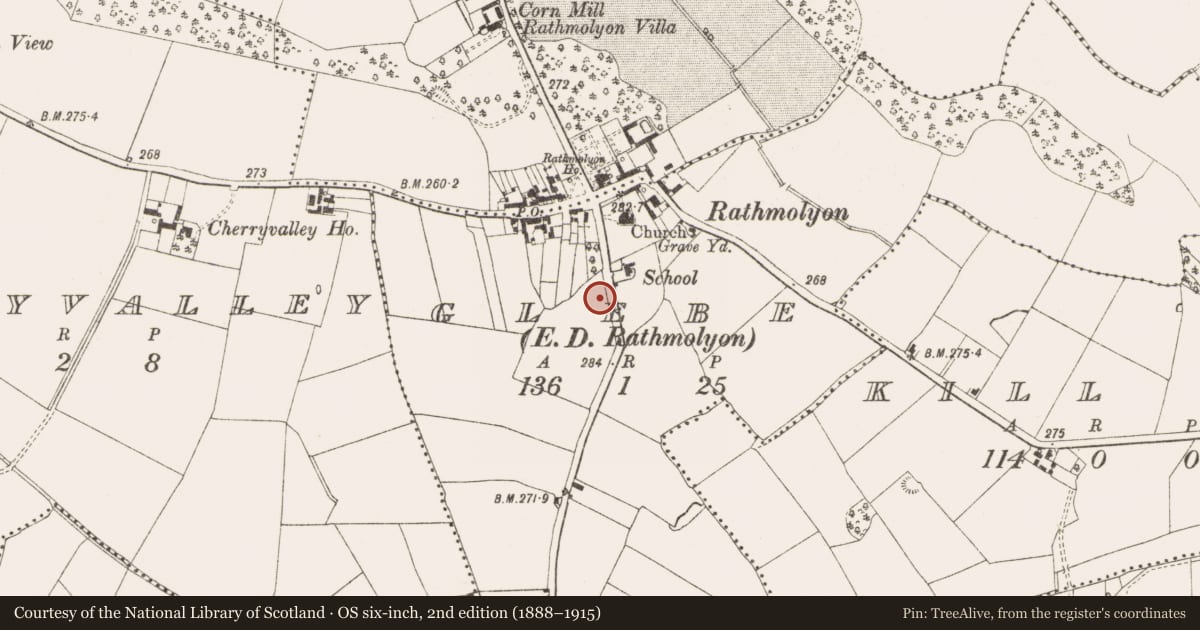 Ordnance Survey six-inch map, 2nd edition (1888–1915) covering the location of Metalworking site, Rathmolyon, County Meath, with a pin at the register's coordinates