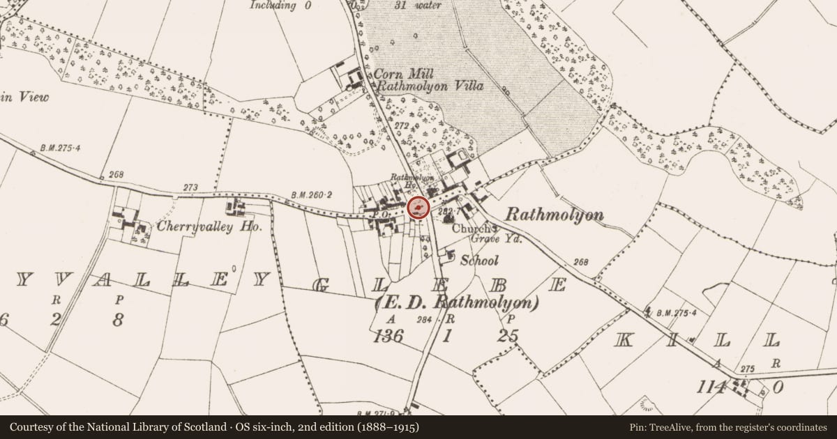 Ordnance Survey six-inch map, 2nd edition (1888–1915) covering the location of Settlement cluster, Rathmolyon, County Meath, with a pin at the register's coordinates