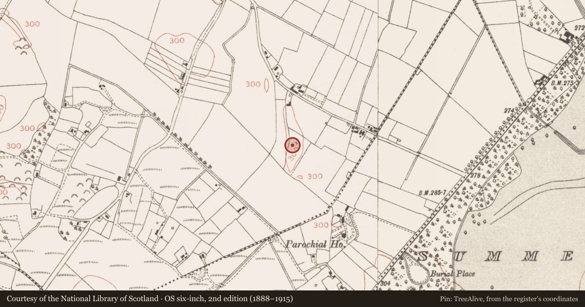 Ordnance Survey six-inch map, 2nd edition (1888–1915) covering the location of Barrow - mound barrow, Clondoogan, County Meath, with a pin at the register's coordinates