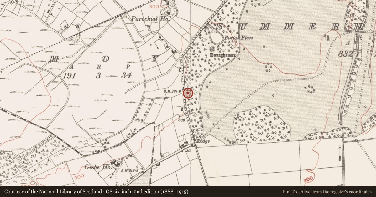 Ordnance Survey six-inch map, 2nd edition (1888–1915) covering the location of Mound, Summerhill Demesne, County Meath, with a pin at the register's coordinates