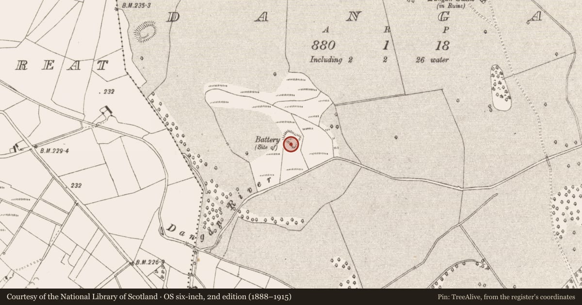 Ordnance Survey six-inch map, 2nd edition (1888–1915) covering the location of Battery, Dangan, County Meath, with a pin at the register's coordinates