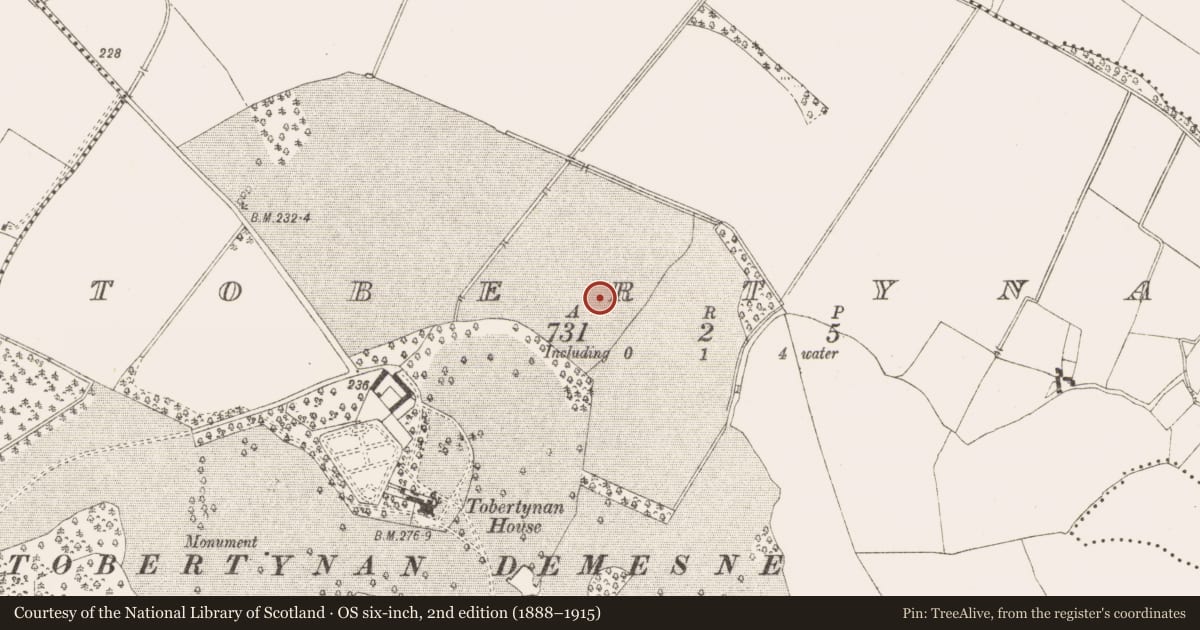 Ordnance Survey six-inch map, 2nd edition (1888–1915) covering the location of Kiln - corn-drying, Tobertynan, County Meath, with a pin at the register's coordinates