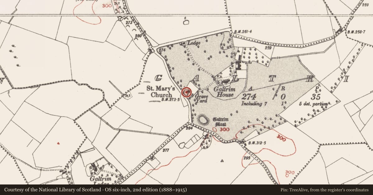 Ordnance Survey six-inch map, 2nd edition (1888–1915) covering the location of Church, Galtrim, County Meath, with a pin at the register's coordinates