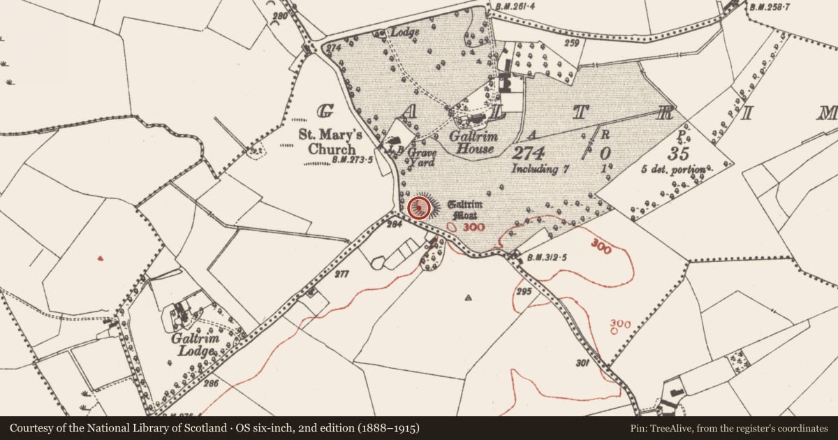 Ordnance Survey six-inch map, 2nd edition (1888–1915) covering the location of Castle - motte, Galtrim, County Meath, with a pin at the register's coordinates