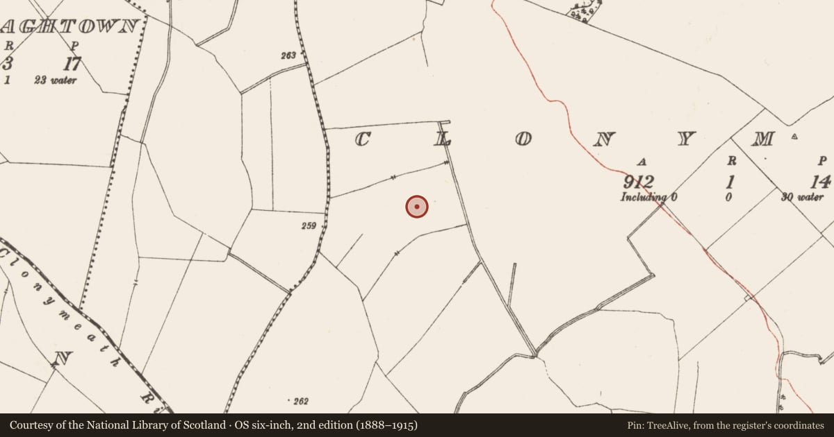 Ordnance Survey six-inch map, 2nd edition (1888–1915) covering the location of Enclosure - large enclosure, Clonymeath, County Meath, with a pin at the register's coordinates