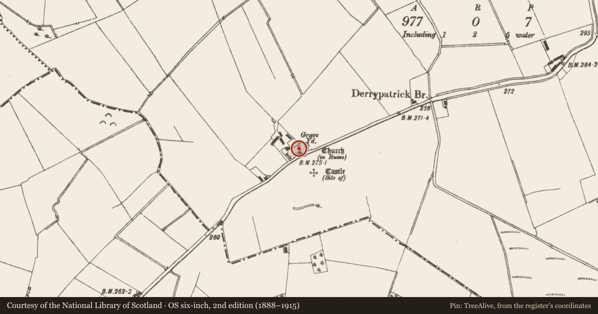 Ordnance Survey six-inch map, 2nd edition (1888–1915) covering the location of Church, Derrypatrick, County Meath, with a pin at the register's coordinates