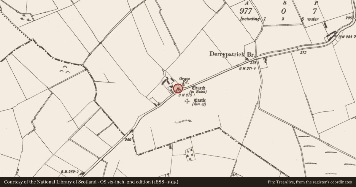 Ordnance Survey six-inch map, 2nd edition (1888–1915) covering the location of Graveyard, Derrypatrick, County Meath, with a pin at the register's coordinates