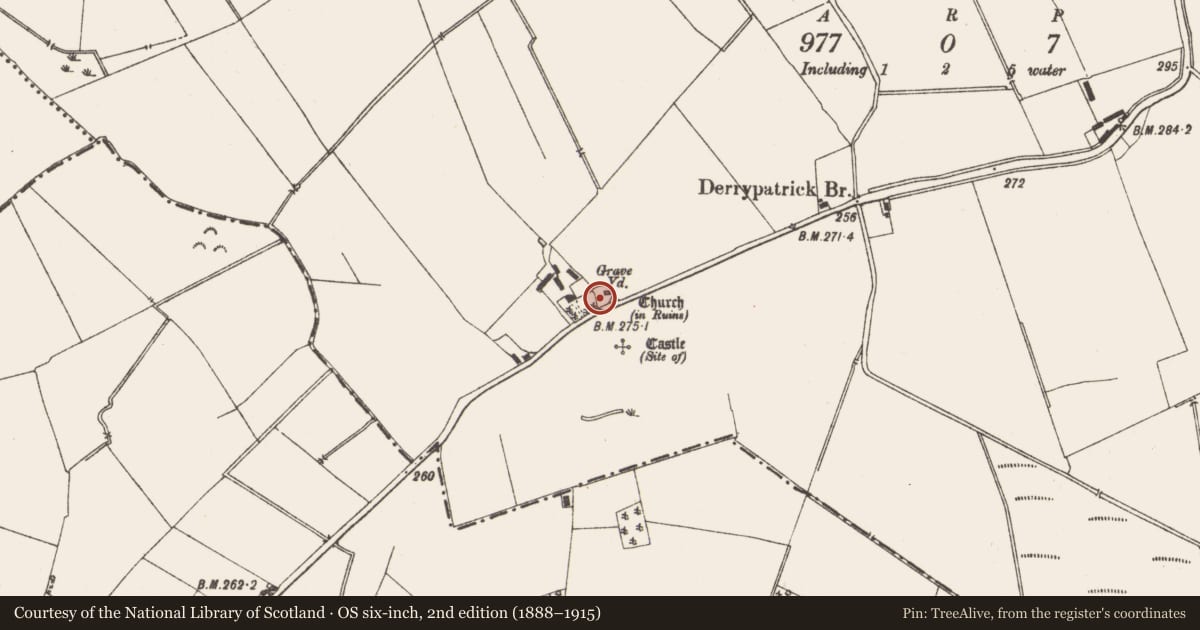 Ordnance Survey six-inch map, 2nd edition (1888–1915) covering the location of Bullaun stone, Derrypatrick, County Meath, with a pin at the register's coordinates