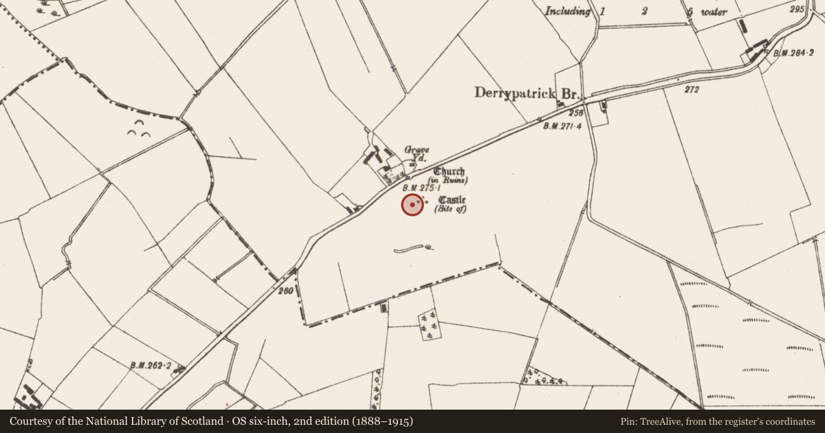 Ordnance Survey six-inch map, 2nd edition (1888–1915) covering the location of House - 16th/17th century, Derrypatrick, County Meath, with a pin at the register's coordinates