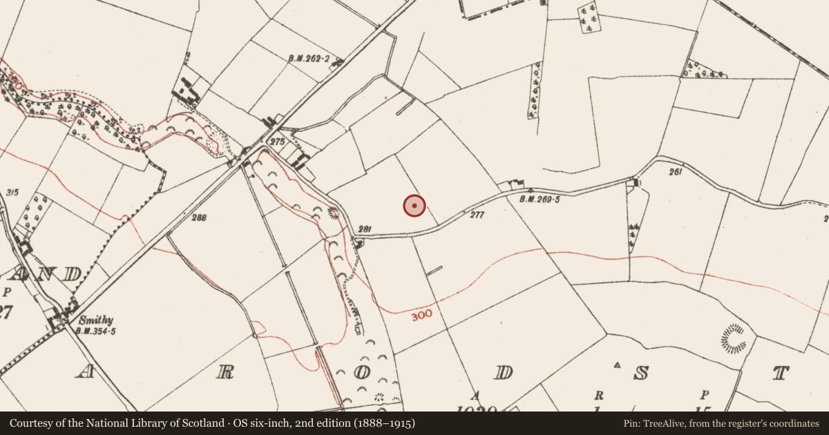 Ordnance Survey six-inch map, 2nd edition (1888–1915) covering the location of Burial mound, Arodstown, County Meath, with a pin at the register's coordinates