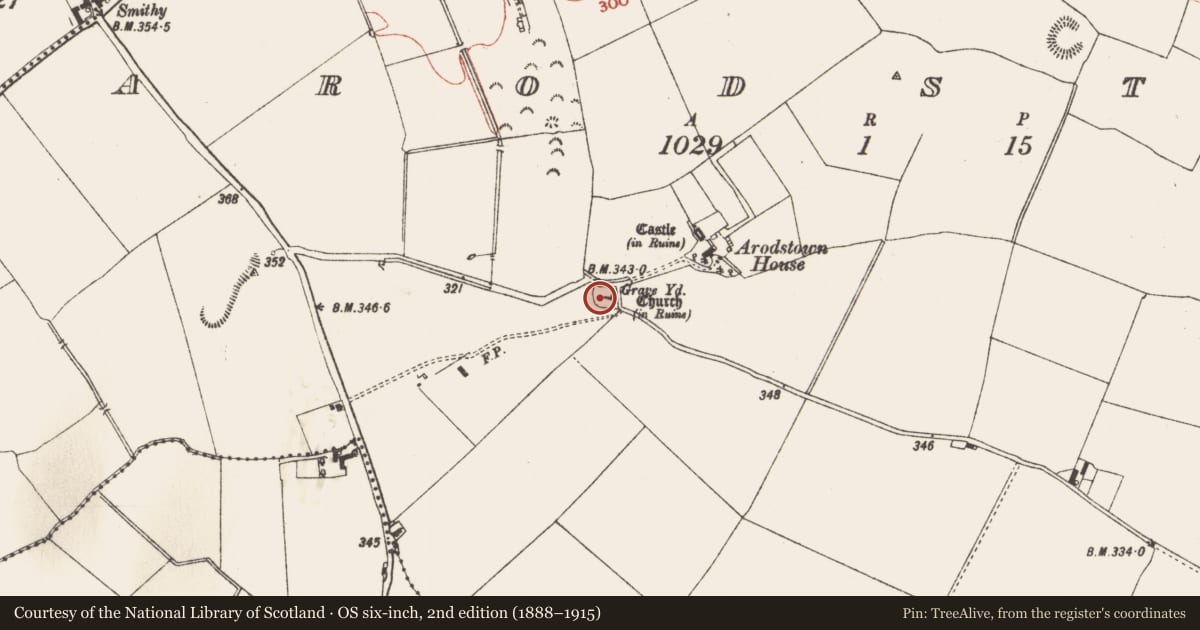Ordnance Survey six-inch map, 2nd edition (1888–1915) covering the location of Church, Arodstown, County Meath, with a pin at the register's coordinates