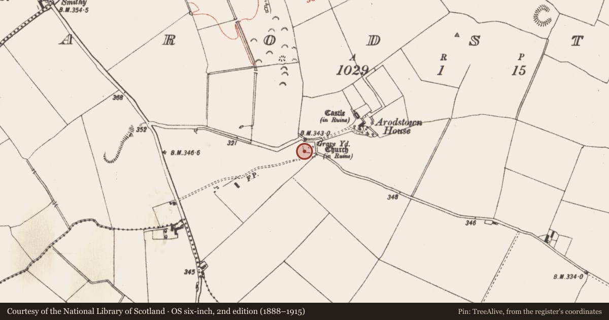 Ordnance Survey six-inch map, 2nd edition (1888–1915) covering the location of Graveyard, Arodstown, County Meath, with a pin at the register's coordinates