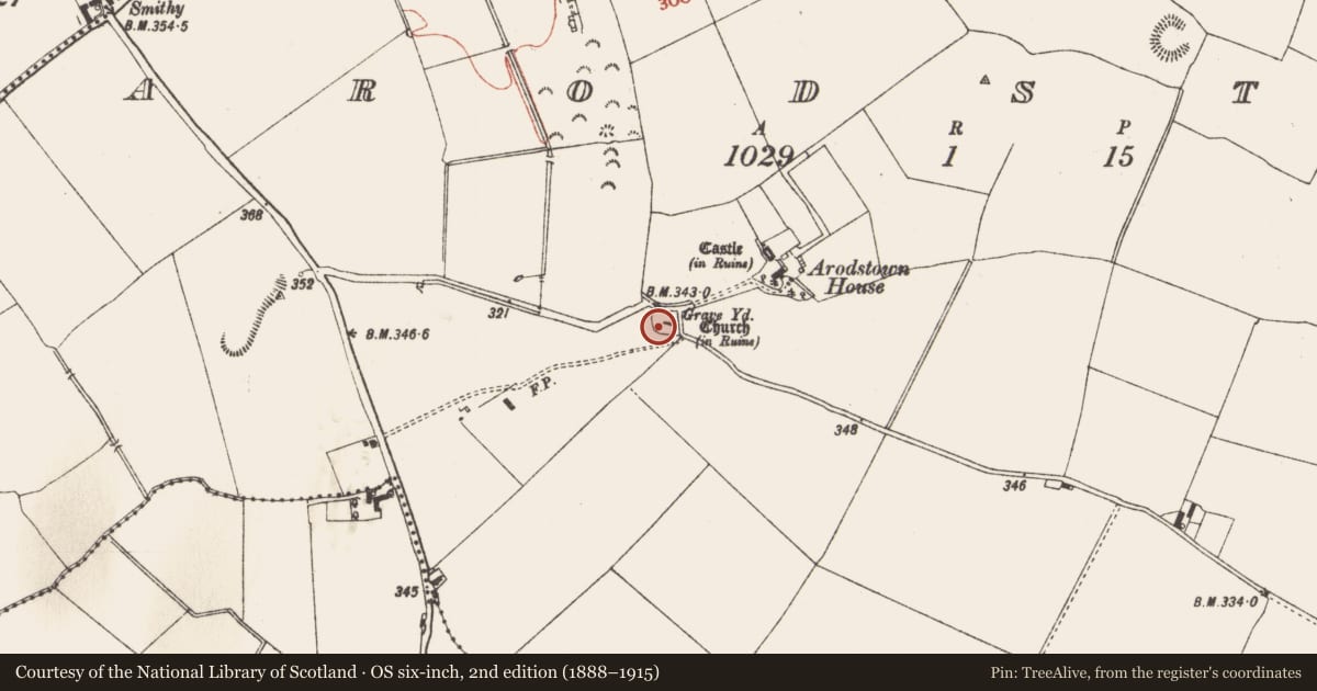 Ordnance Survey six-inch map, 2nd edition (1888–1915) covering the location of Cross - Churchyard cross, Arodstown, County Meath, with a pin at the register's coordinates
