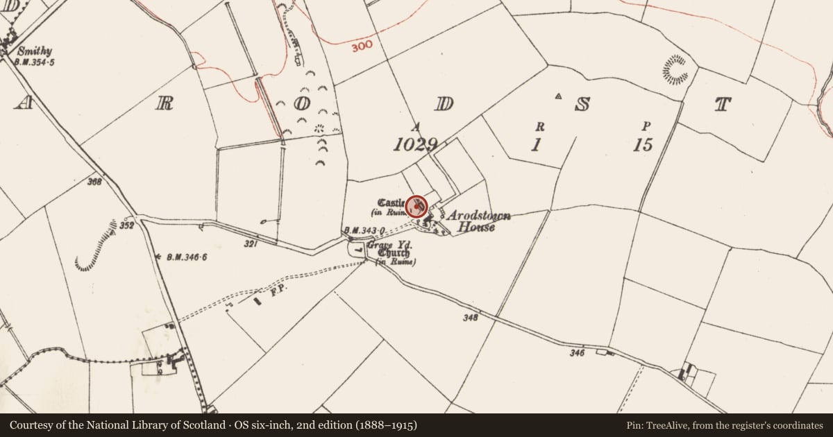 Ordnance Survey six-inch map, 2nd edition (1888–1915) covering the location of Castle - unclassified, Arodstown, County Meath, with a pin at the register's coordinates