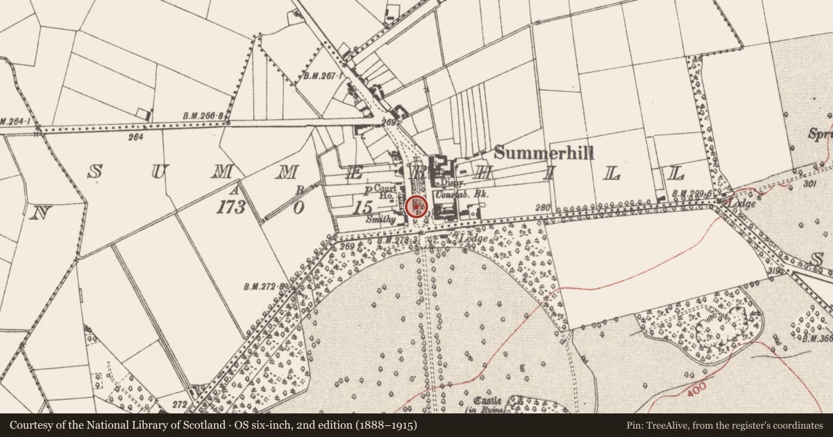 Ordnance Survey six-inch map, 2nd edition (1888–1915) covering the location of Cross - Wayside cross (present location), Summerhill, County Meath, with a pin at the register's coordinates