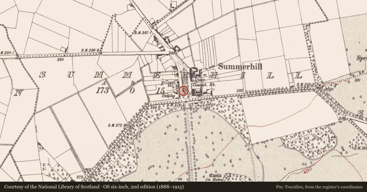 Ordnance Survey six-inch map, 2nd edition (1888–1915) covering the location of Armorial plaque (present location), Summerhill, County Meath, with a pin at the register's coordinates